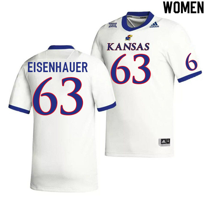 Women #63 Jake Eisenhauer Kansas Jayhawks College Football Jerseys Stitched Sale-White - Click Image to Close